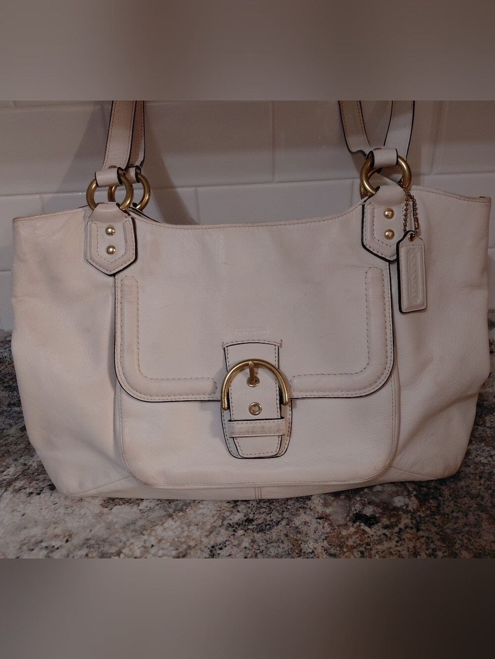 Coach Campbell White Leather Carryall Shoulder Bag with Gold Hardware **Read**